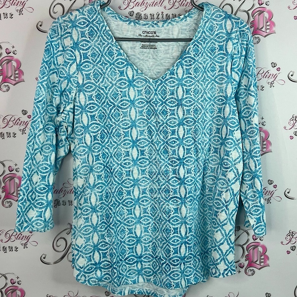 Chico's top long sleeve blue white Teal Geometric Women's Blouse